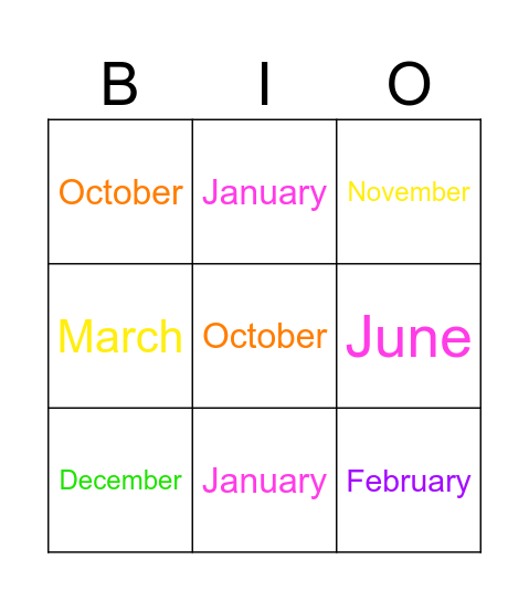 Month of the year Bingo Card