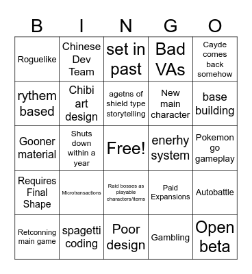 Destiny Mobile Game Bingo Card