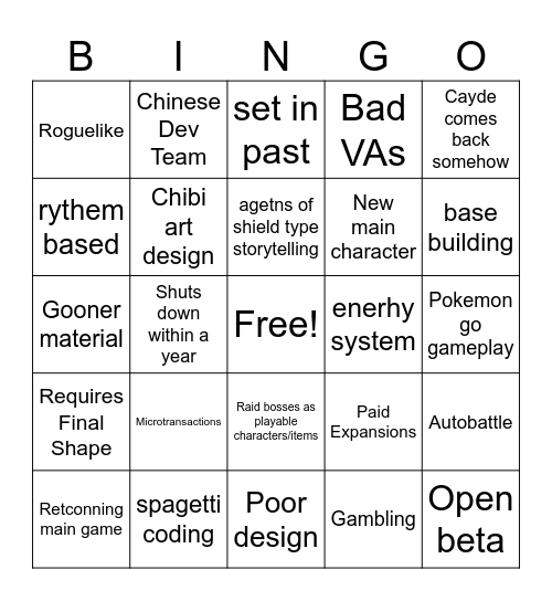 Destiny Mobile Game Bingo Card