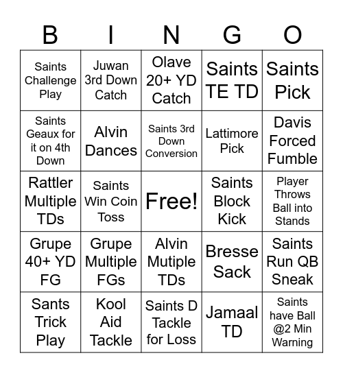 Saints V LAC 24 Bingo Card