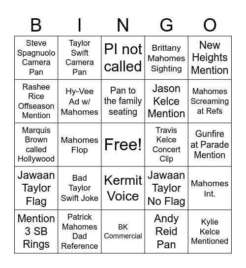 Chiefs Bingo Card