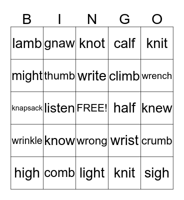 Silent Letters Bingo Card