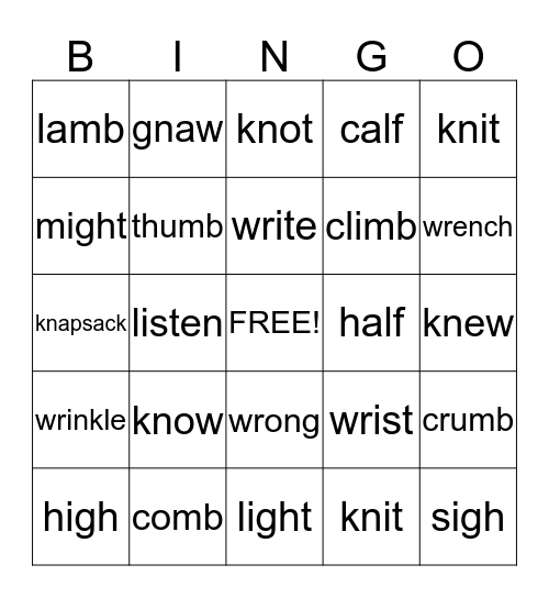 Silent Letters Bingo Card