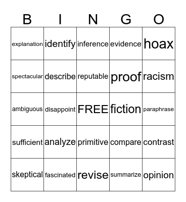 Vocabulary  Bingo Card