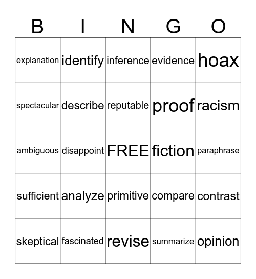 Vocabulary  Bingo Card