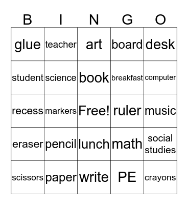 School Bingo Card