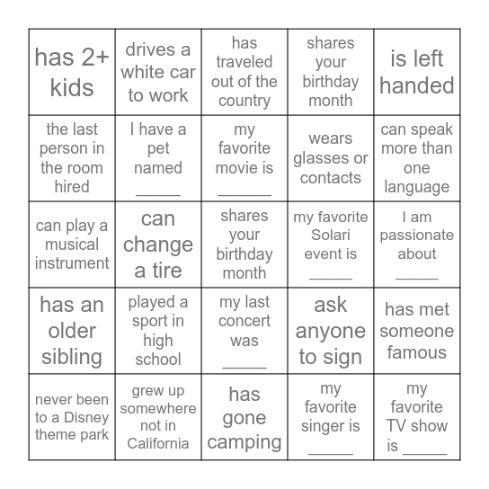 SOLARI TEAM BUILDING BINGO Card