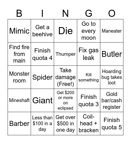 Lethal Bingo Card