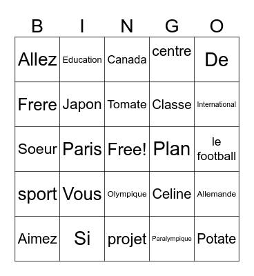 Révision du Vocabulaire Bingo Card