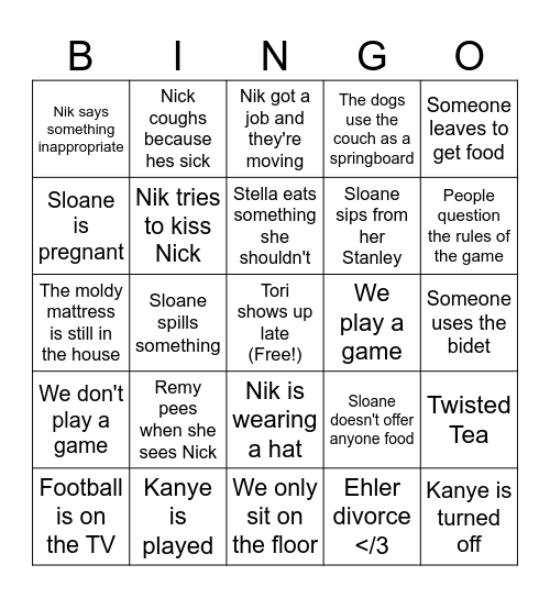 NIK & SLOANE BEING SUS Bingo Card