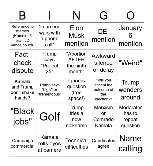 2024 Presidential Debate Bingo Card