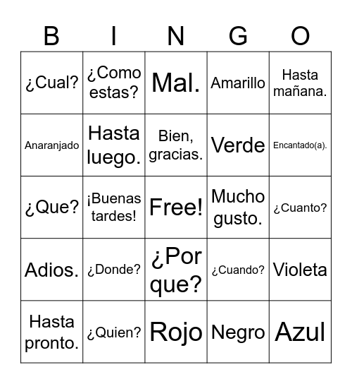 Vocabulario Preliminar Bingo Card