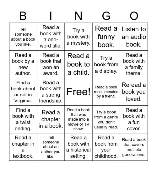 Reading is fun. Bingo Card