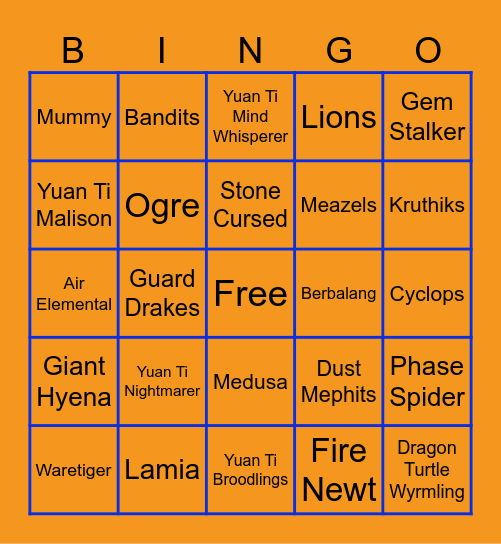 Bingo's Monser Huntin' Game Chart Bingo Card