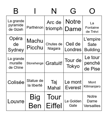 Bingo des monuments Bingo Card