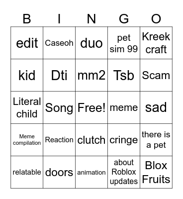 YouTube shorts Roblox Edition Bingo Card