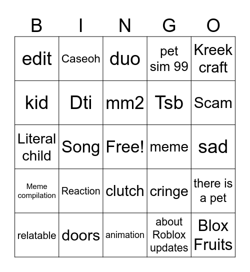 YouTube shorts Roblox Edition Bingo Card