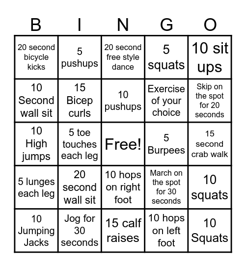 Fitness Bingo! Bingo Card