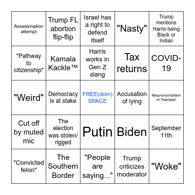 Harris-Trump Debate Bingo Card