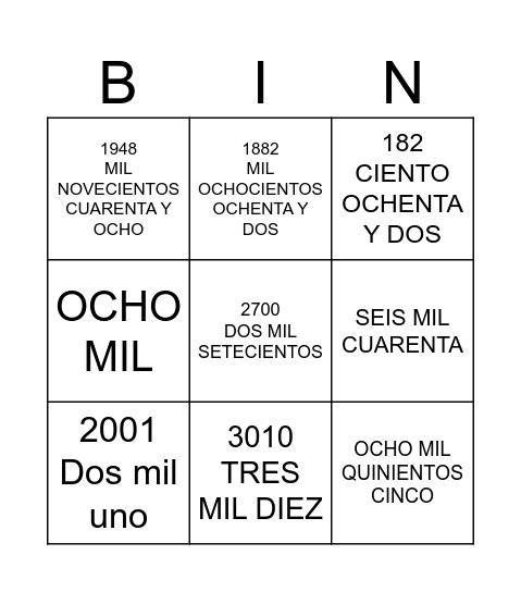 NUMEROS HASTA 9,000 Bingo Card