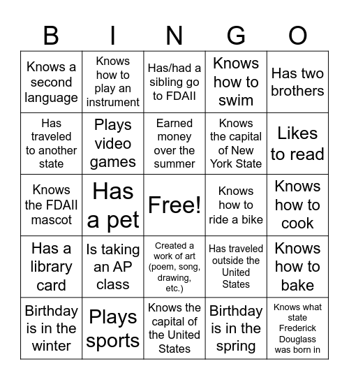 Get To Know You High School Bingo Card