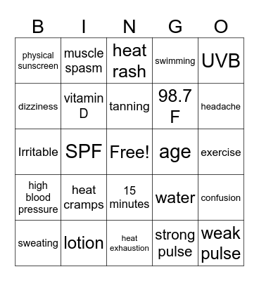Sun Safety 1 Bingo Card