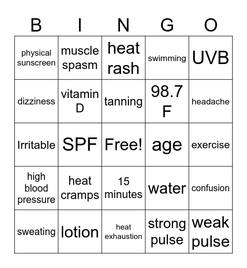 Sun Safety 1 Bingo Card