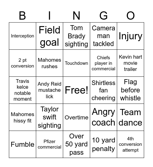 Chiefs vs Ravens Bingo Card