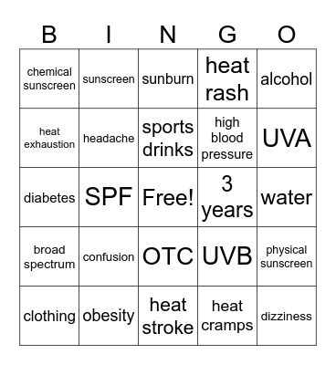 sun safety 2 Bingo Card