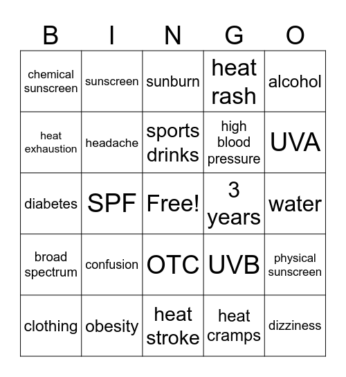 sun safety 2 Bingo Card