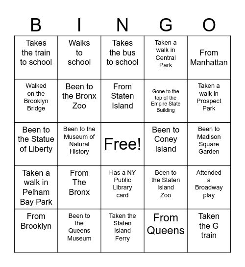 New York Bingo Card