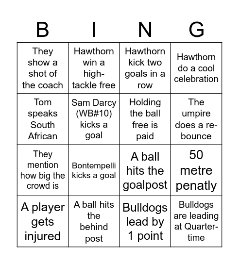 Elimination Final Bingo Card