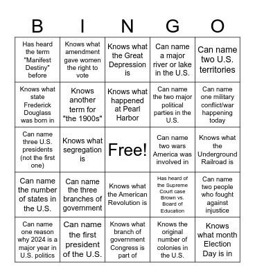 U.S. History & Current Events Bingo Card