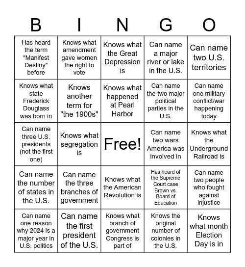 U.S. History & Current Events Bingo Card