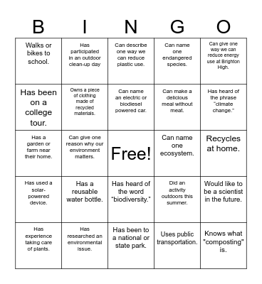 Environmental Science Bingo Card