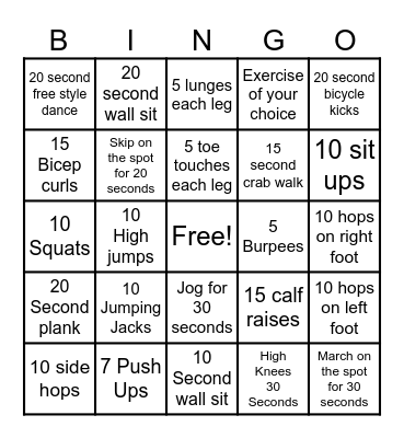 Fitness Bingo! Bingo Card