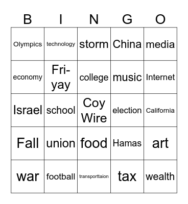 CNN Bingo - 7th Grade Bingo Card