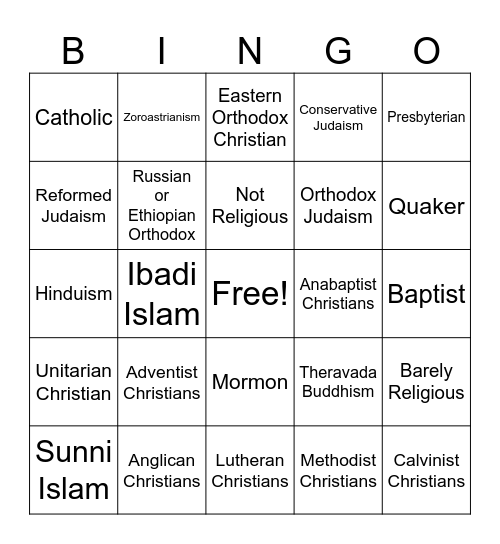 Religion Bingo Card