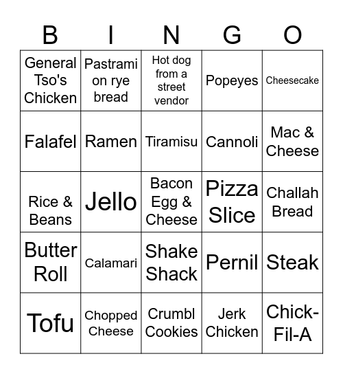 Food Bingo Card