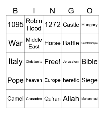 Crusades Bingo Card