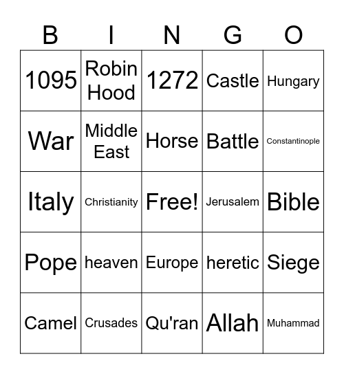 Crusades Bingo Card