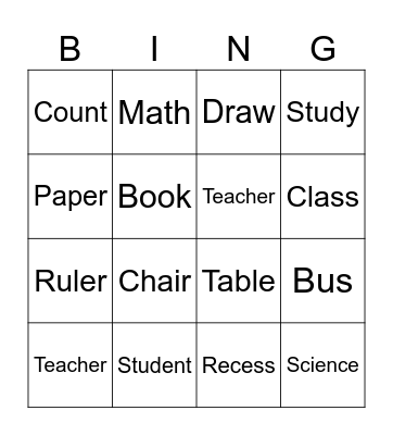 School Bingo Card