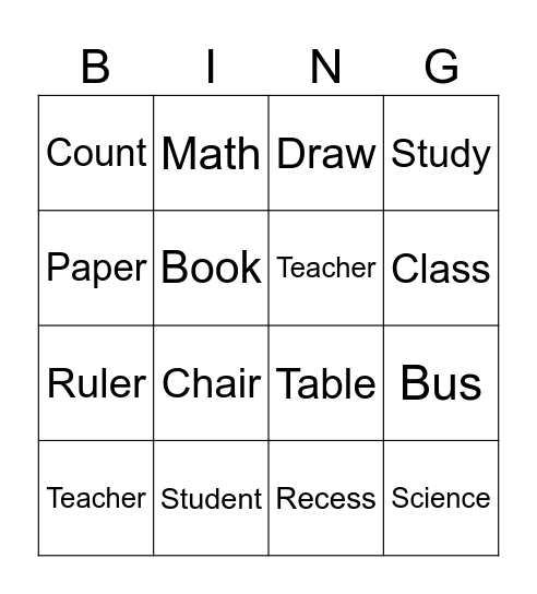 School Bingo Card