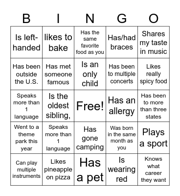 Get to know my classmates Bingo Card