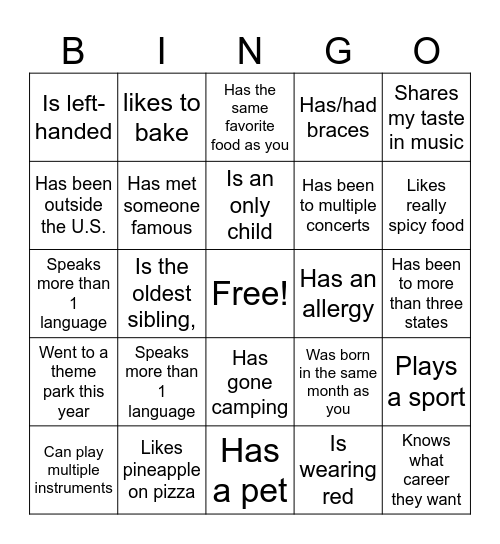 Get to know my classmates Bingo Card