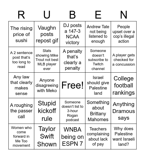 Ruben Complaint Bingo Card