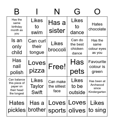 Get to know your classmates Bingo Card