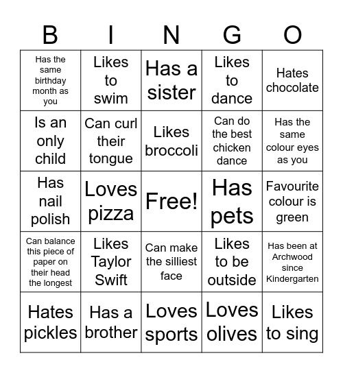 Get to know your classmates Bingo Card