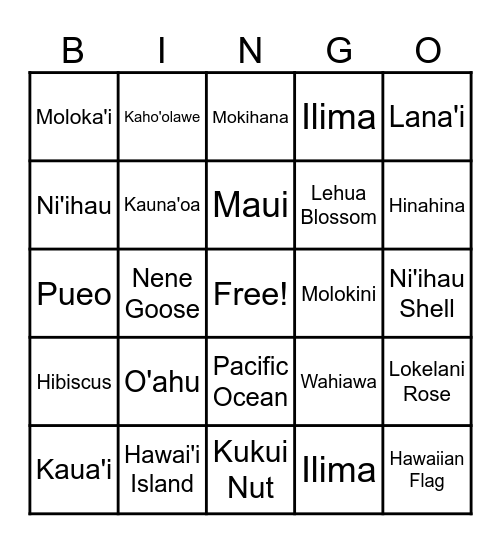 Hawaiian Islands BINGO Card