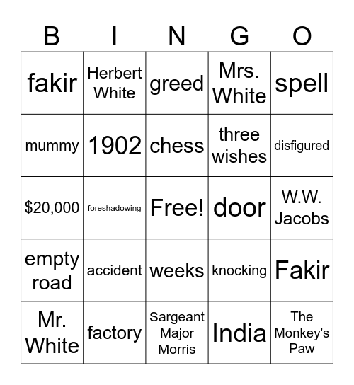 The Monkey's Paw Review Bingo Card